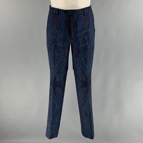ETRO Chest Size 38 Navy Blue Paisley Wool Notch Lapel 32 31 Suit