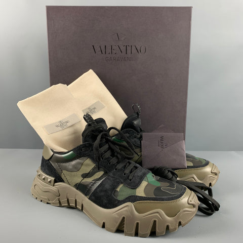 VALENTINO Size 10 Olive Black Camouflage Nylon Lace Up Sneakers