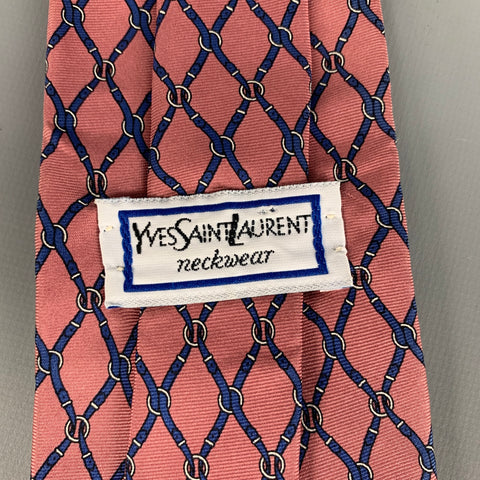 YVES SAINT LAURENT Pink Navy Equestrian Silk Tie