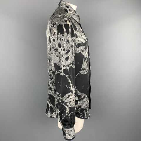 JUST CAVALLI Size XL Black & Grey Print Polyester Button Up Long Sleeve Shirt