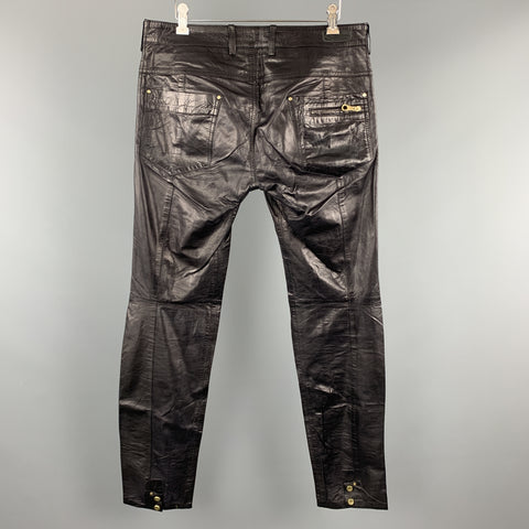 DIESEL Size 30 Black Leather Zip Fly Snap Biker Jeans