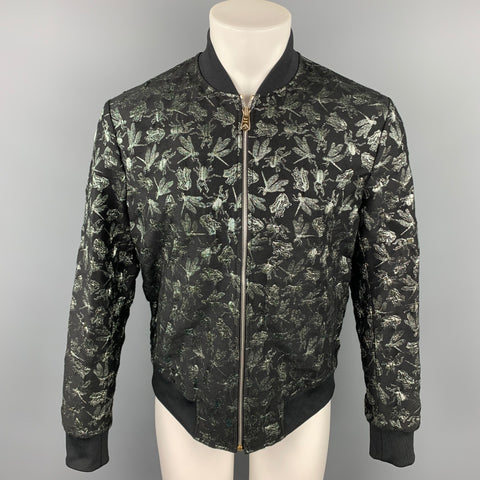 PAUL SMITH Dreamer Size L Black & Silver Jacquard Wool Blend Zip Up Bomber Jacket