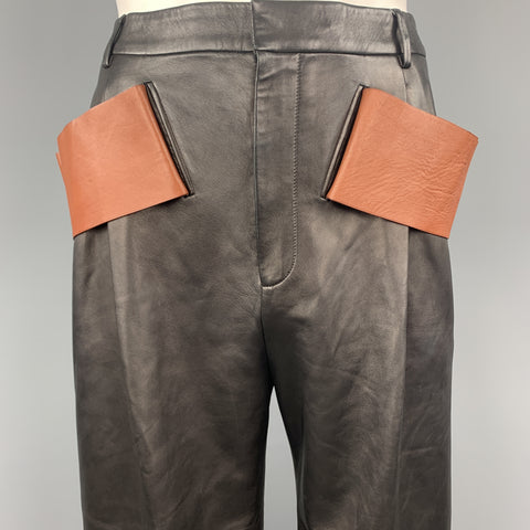 GIVENCHY Size 36 Black & Brown Leather Pleated Wide Leg Strap Pants