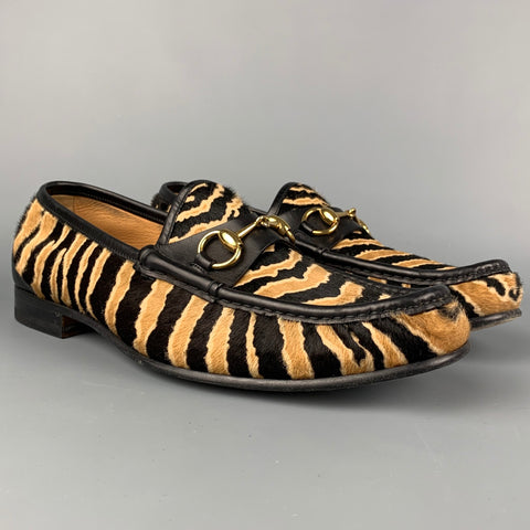 GUCCI Talla 9 Mocasines Horsebit sin cordones con pelo de becerro de cebra en negro y beige