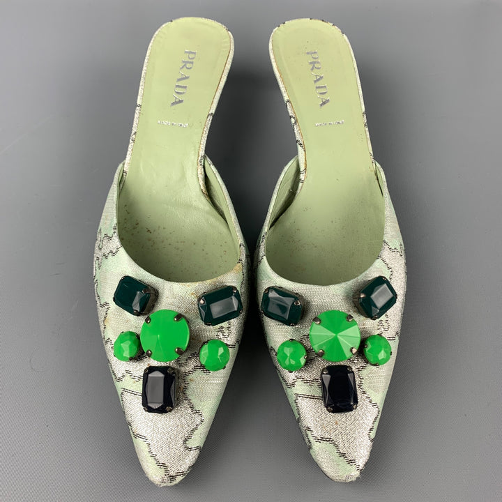PRADA Size 8.5 Green Embellishments Silk Kitten Heel Pumps