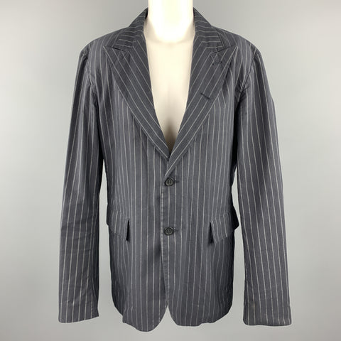 PEACHOO+KREJBERG Size L Navy Pinstriped Cotton Peak Lapel Blazer