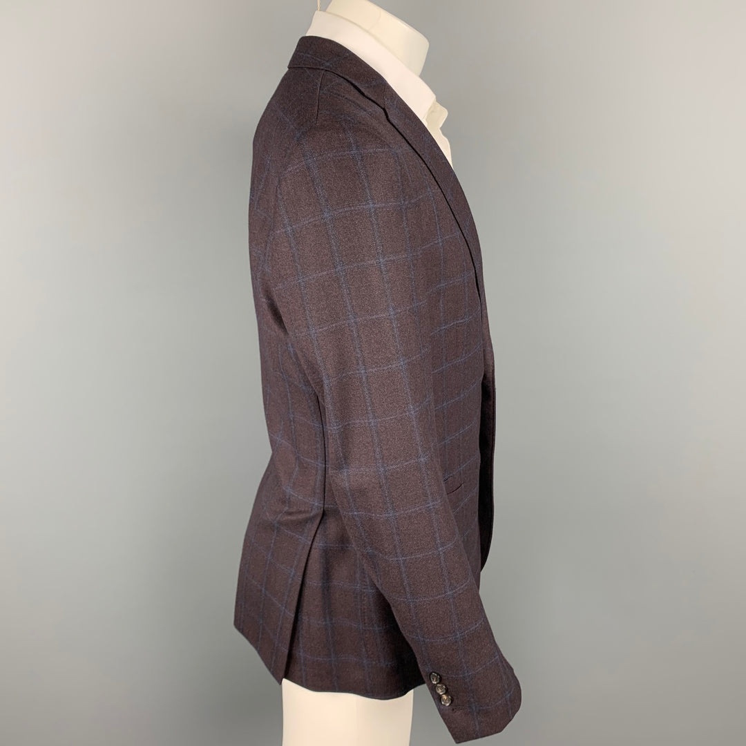 LUCIANO BARBERA Size 40 Brown & Navy Window Pane Wool Custom Sport Coat