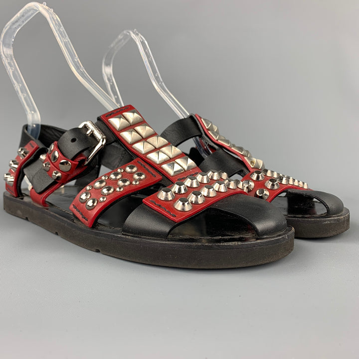 PRADA S/S 18 Size 8 Black & Burgundy Studded Leather Gladiator Sandals