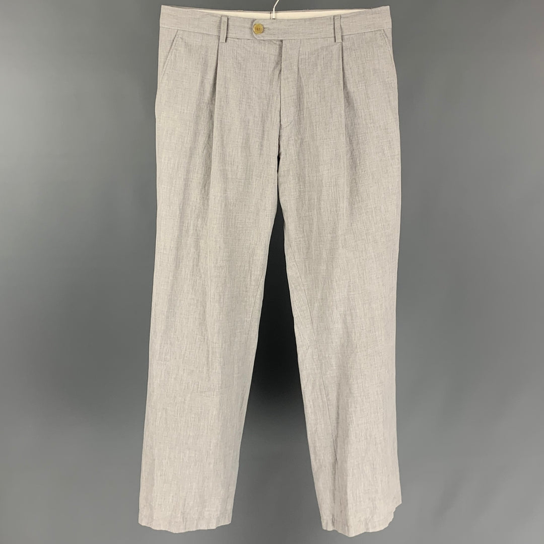 WALTER VAN BEIRENDONCK Size 34 Grey Cotton Pleated Wide Leg Dress Pants