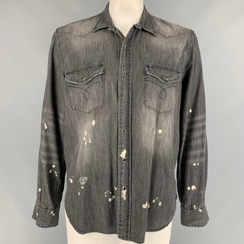 PURPLE BRAND Size XXL Grey Distressed Cotton Western Long Sleeve Shirt