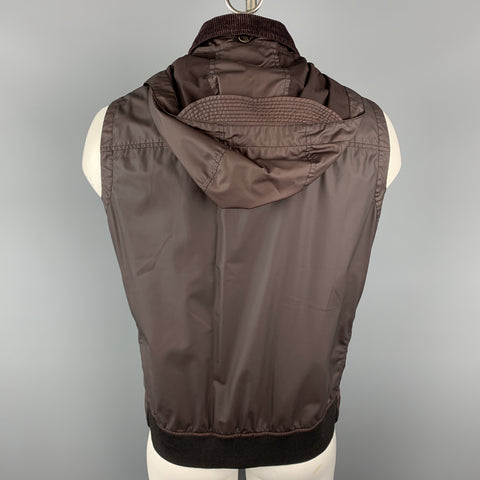ERMENEGILDO ZEGNA Chest 40 Burgundy Coated Wool & Corduroy Hooded Vest