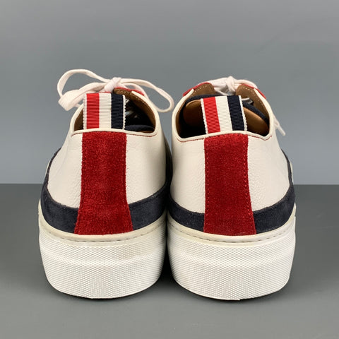 THOM BROWNE Size 10 White Red & Blue Color Block Leather Platform Sneakers