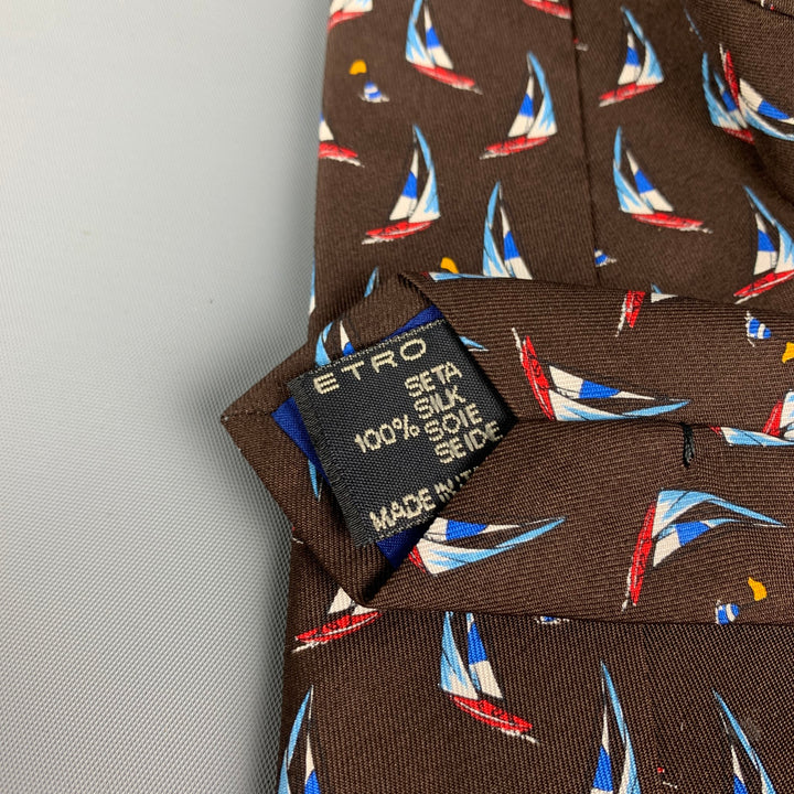 ETRO Brown Print Sailboat Print Silk Tie