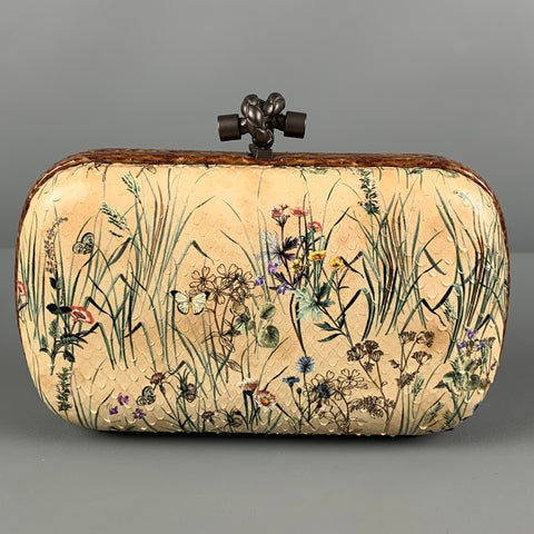 BOTTEGA VENETA Beige Floral Python Skin Leather Pochette Knot Clutch