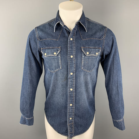 RRL by RALPH LAUREN Size XS Indigo Washed Cotton Snaps Long Sleeve Shirt