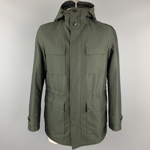 ERMENEGILDO ZEGNA Size 40 Olive Sharkskin Hooded Drawstring Anorak