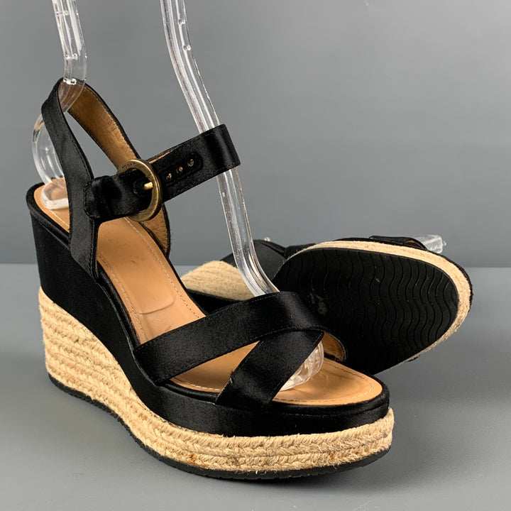 HOGAN Size 6.5 Black Beige Fabric Espadrille Wedge Sandals