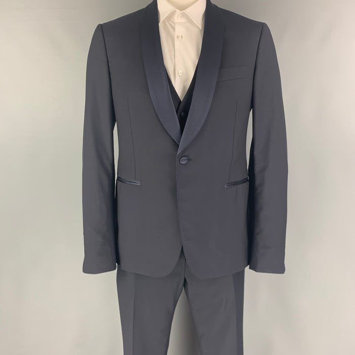 SALVATORE FERRAGAMO Size 42 Navy Wool  Mohair Shawl Collar Tuxedo 3 Piece Suit
