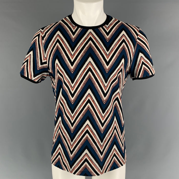 LOUIS VUITTON Talla S Camiseta con cuello redondo de algodón en zigzag en blanco y negro azul