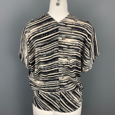 ZERO + MARIA CORNEJO Size 4 Cream & Black Stripe Cotton Blend V-Neck Blouse