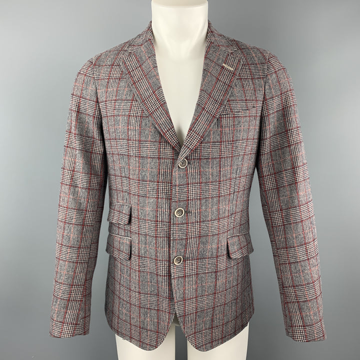 GANT RUGGER Size 38 Gray & Red Plaid Wool / Polyester Notch Lapel Sport Coat