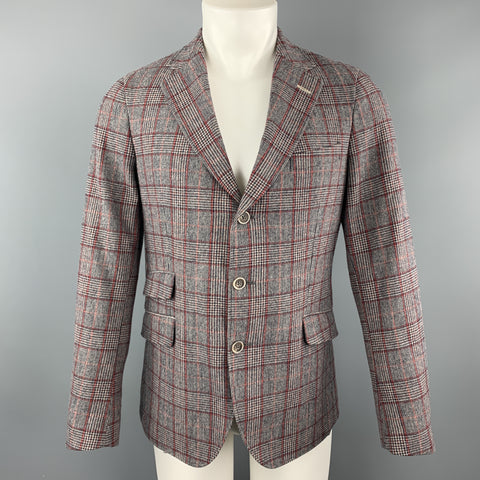 GANT RUGGER Size 38 Gray & Red Plaid Wool / Polyester Notch Lapel Sport Coat