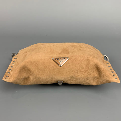 PRADA Beige & Silver Studded Suede Clutch Handbag