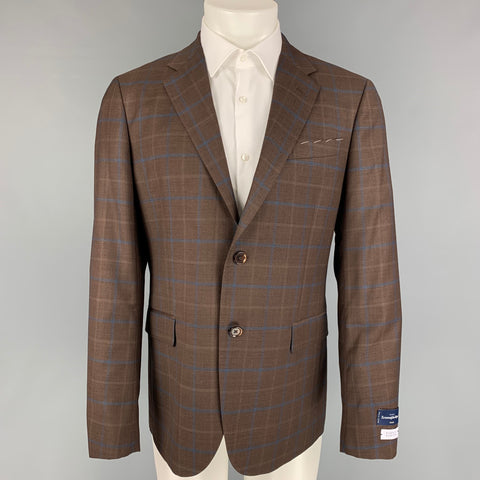 BARNEY'S NEW YORK Size 40 Brown Navy Plaid Wool Silk Sport Coat