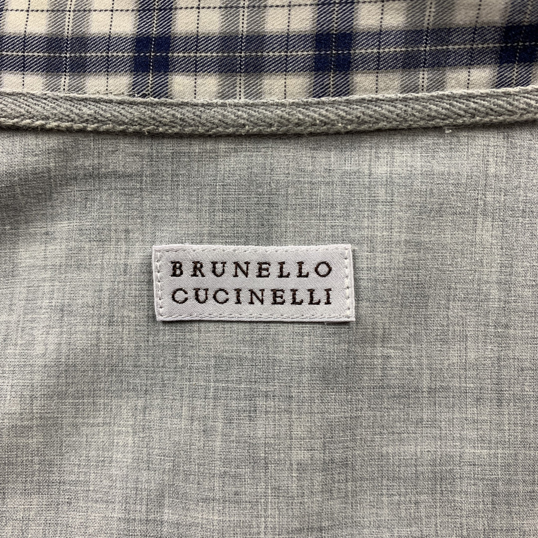 BRUNELLO CUCINELLI Size XXL Grey & Navy Plaid Cotton Long Sleeve Shirt