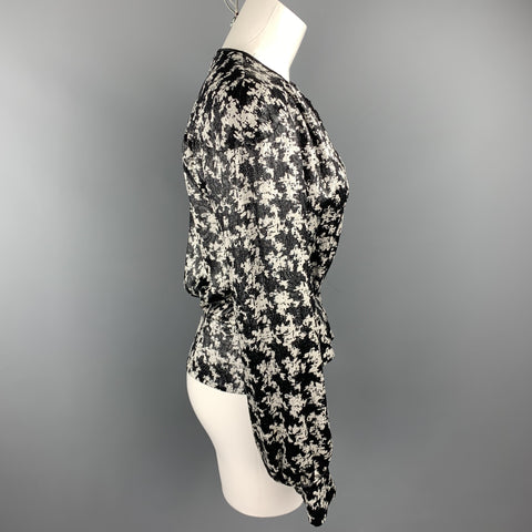 ESCADA Taille 4 Chemisier zippé sans col en soie pied-de-poule métallisé noir et blanc
