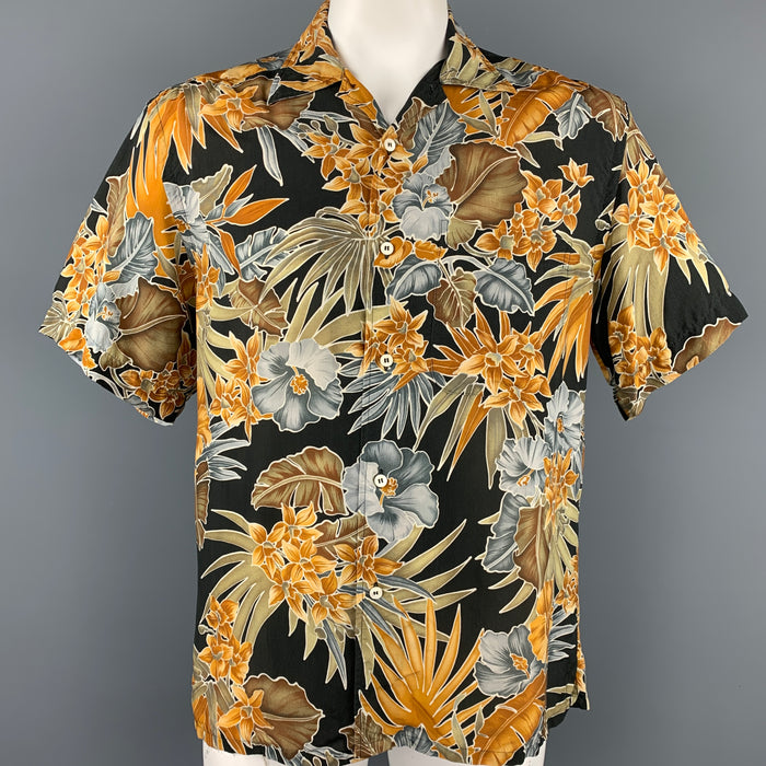 BRIONI Size M Black & Tan Floral Rayon Camp Short Sleeve Shirt