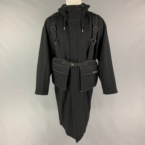CHRISTIAN DADA Size 38 Black Contrast Stitch Wool Hooded Chest Bag Melton Coat