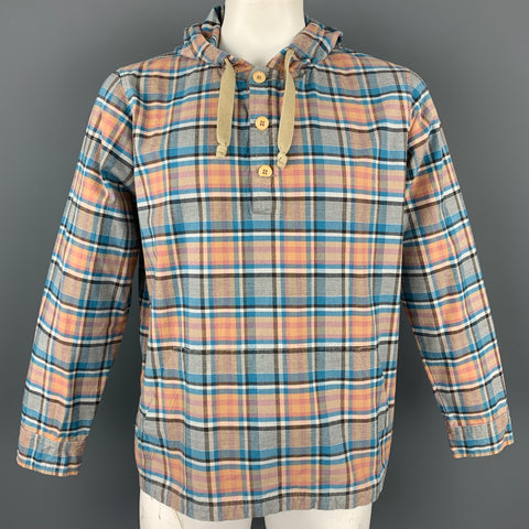 ARPENTEUR Size XL Blue & Tan Plaid Cotton Hooded Pop-Over Shirt