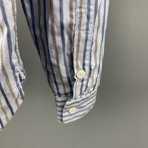 BASCO Size M Navy & Brown Stripe Cotton Button Up Long Sleeve Shirt