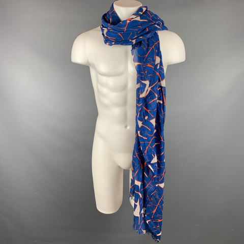 EREDI PISANO Blue & Orange Leaf Print Cotton Scarf