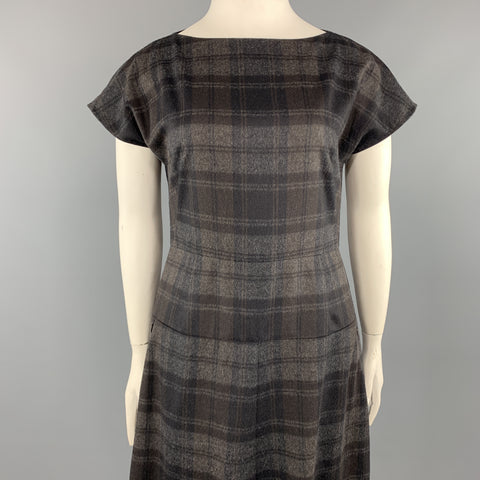 AKRIS Size 10 Grey Plaid Wool / Angora Cap Sleeve Shift Dress