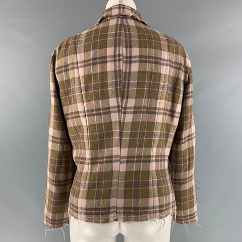 MOSCHINO Size 12 Pink Olive Wool Plaid Raw edge Jacket