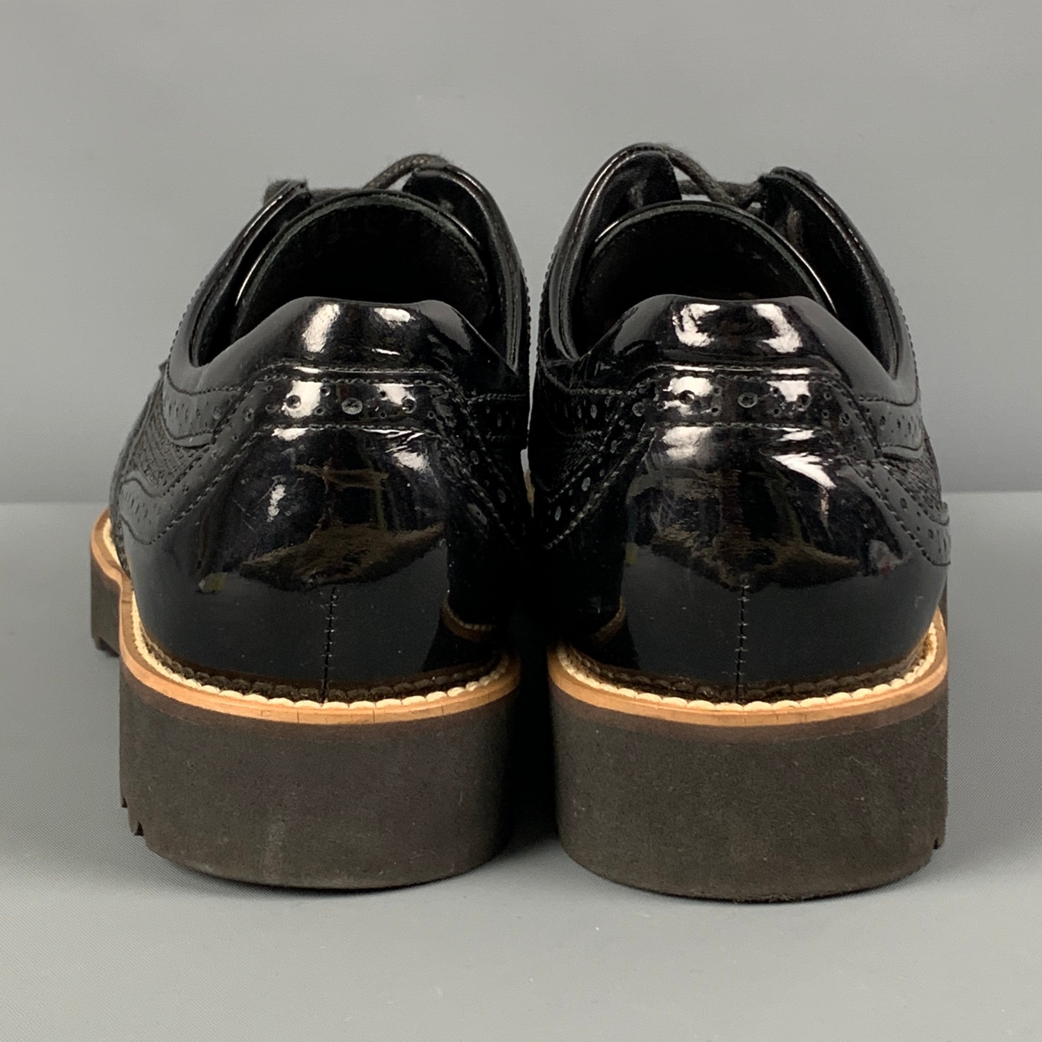 HOGAN Size 7.5 Black Perforated Patent Leather Wingtip Lace Up Shoes Sui Generis Designer Consignment