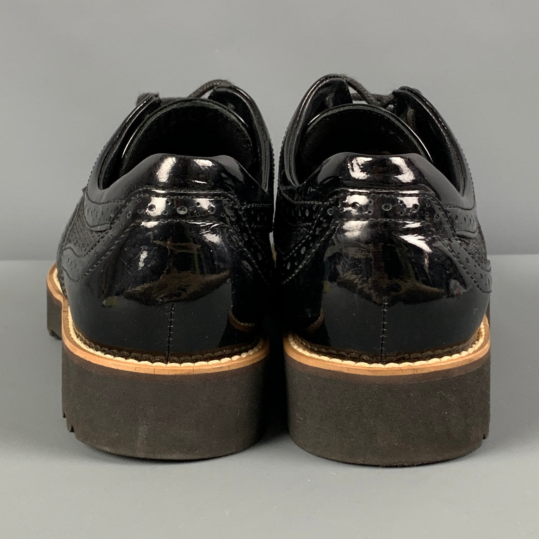 HOGAN Size 7.5 Black Perforated Patent Leather Wingtip Lace Up Shoes