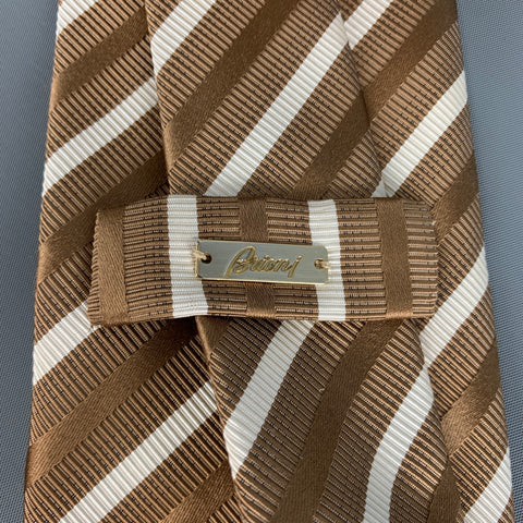 BRIONI Taupe White Brown Diagonal Stripe Silk Tie