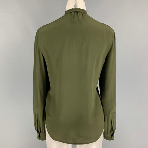 SAINT LAURENT Talla 4 Blusa con lazo de seda verde oscuro