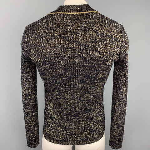 DRIES VAN NOTEN Size L Black & Metallic Gold Ribbed Knit Wool Blend Half Zip Pullover