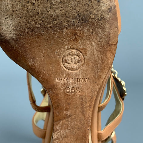 CHANEL Camelia Size 6.5 Tan & Gold Leather T-strap Cork Wedge Sandals