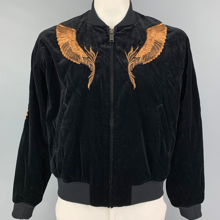 CHRISTIAN DADA FW19 Size 40 Black Copper Feather Embroidery Cotton Velvet Bomber Jacket