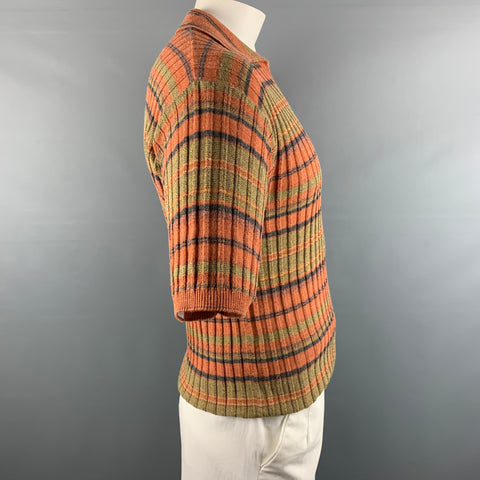 ERMENEGILDO ZEGNA Size L Orange Green Stripe Cotton Blend Short Sleeve Polo