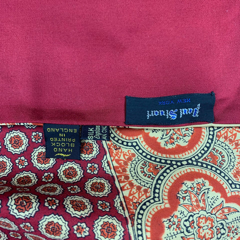 PAUL STUART Burgundy Gold Print Silk Twill Scarf