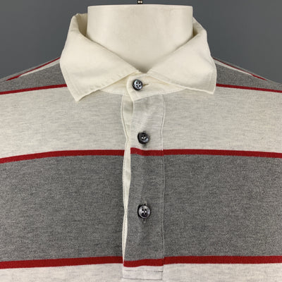 LORO PIANA Size XL Grey & Red Striped Cotton Buttoned Long Sleeve Polo