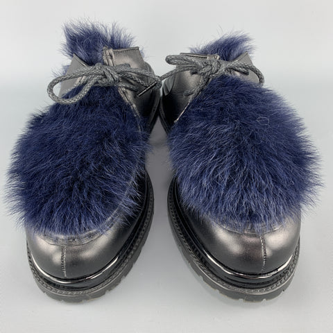 SACAI Black Leather & Blue Fur Slip On Loafer Slides