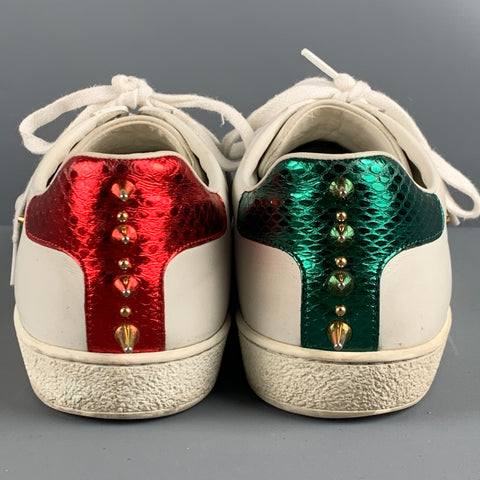 GUCCI Talla 10 Zapatillas bajas con cinta de cuero blanco, verde y rojo