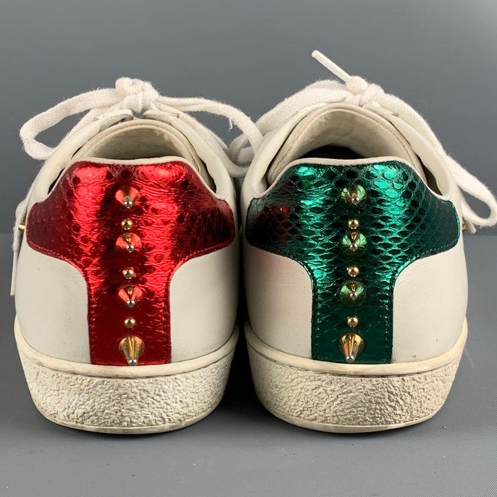 GUCCI Size 10 White Green & Red Leather Ribbon Low Top Sneakers